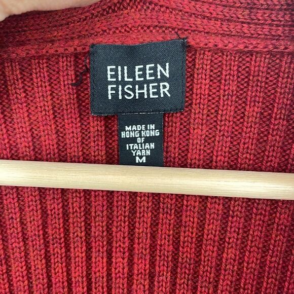 Eileen Fisher Open Front Ribbed Cardigan Sweater 100% Merino Wool Deep Red Med - Picture 10 of 13